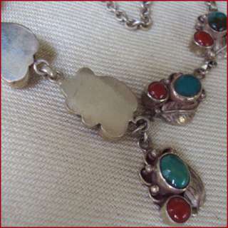 STERLING SILVER CORAL TURQUOISE LEAF NECKLACE NEPAL  