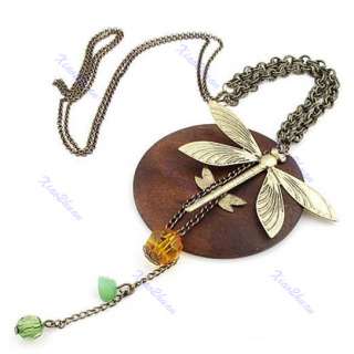 Retro Logs Vintage Round Wooden Dragonfly Long Sweater Chain Pendant 
