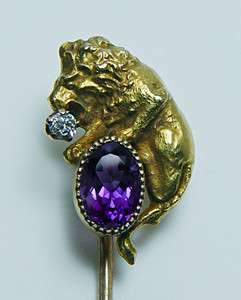 Art Nouveau Lion Leo Old European Diamond Amethyst Stick Pin 14K Gold