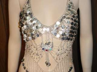 BELLY DANCE ACCESSORIES SILVER COINS SEXY BEADED BRA CUP   ONE SIZE 