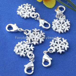 5P Silver Plated Enamel *SNOWFLAKE Dangle Beads Charms  
