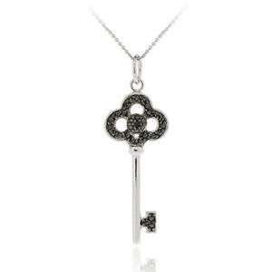 925 Silver Black Diamond Accent Clover Key Necklace, 18  