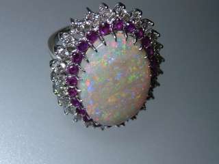 Estate Cabachon 20.25ct Opal Diamond Ruby Double Halo Ring 18kt White 