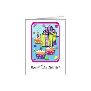  4 Year Old Happy Birthday Lit Candles Cupcakes & Present 