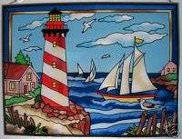 LIGHTHOUSE SAIL BOAT NAUTICAL STAINED GLASS SUNCATCHER  
