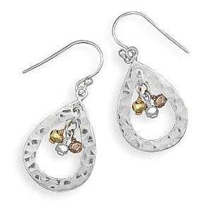  Charm Earrings Hammered Open Teadrop Sterling Silver with 14K Gold 