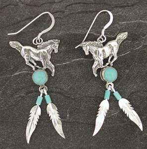 Sterling Silver Turquoise Horse Feather Dangle Earrings  