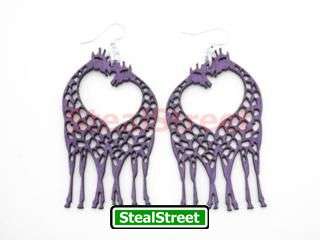 Purple Giraffe Heart Wood Earrings Jewelry  