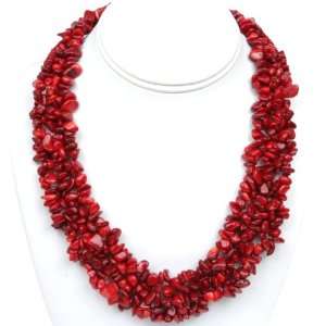   Strands Red Coral Chips Cluster Necklace With Lobster Clasp Jewelry