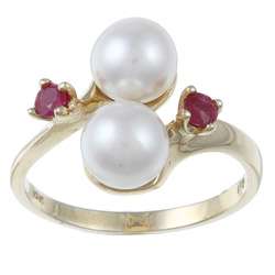 Pearls For You 10k Gold Akoya Pearl and Ruby Ring (6.5 7 mm 