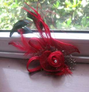 New Red Feather Lace Hat Bride Hair clip Brooch Pin  