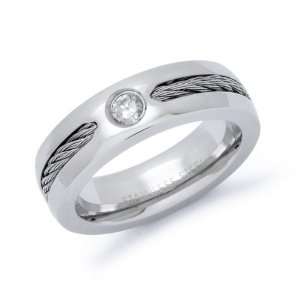 6mm Ladies Stainless Steel Ring with Cable Inlay CZ Wedding Band Ring 