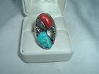 MENS VINTAGE NAVAJO STERLING SILVER TURQUOISE AND CORAL RING, SZ 9 IN 