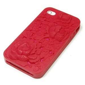 Case Star ® Red 3D Rose Pattern Silicone Skin Case Cover for iPhone 4 