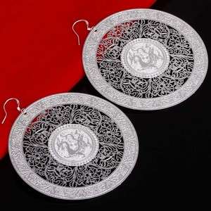 stylish round moon carved lucky totem hoop silver plated earring 