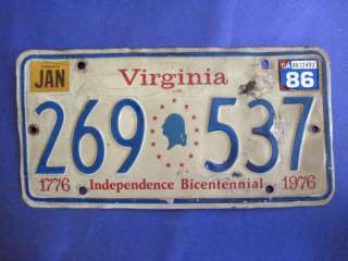 Virginia 1986 Bicentennial License Plate  