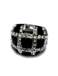 Ring silver plated size7 impressive balck crytal & white Cz in 