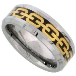 Tungsten Carbide Comfort Fit Flat Band, w/ Carbon Fiber and Gold Tone 