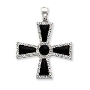  Sterling Silver CZ & Onyx Cross Pendant Jewelry