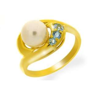  9ct Yellow Gold Pearl & Blue Topaz Ring Size 8 Jewelry