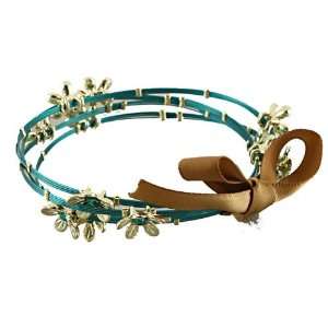 Turquoise Wire Bracelet With Gold Plated Flower Beads and Brown Ribbon 