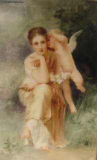 Antique Painting On Porcelain Plaque Lady With Cherub  