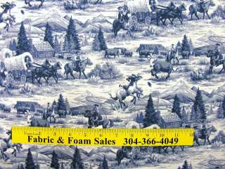   HORSES CATTLE SCENIC LANDSCAPE TOILE COTTON FABRIC (BLUE)  