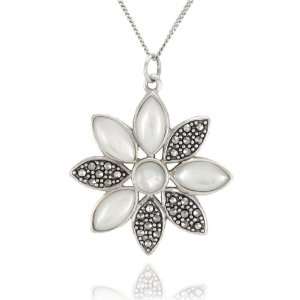   Silver Marcasite and Mother of Pearl Flower Pendant, 18 Jewelry