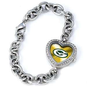 Green Bay Packers NFL Silver Rhinestone Ladies Heart Watch 