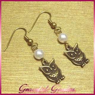   Vintage Kitsch Style Bronze Ting Owl Charm Faux Pearl Dangle Earrings