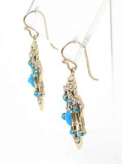 VICTORIAN STYLE 9K, TURQUOISE & PEARLS DANGLE EARRINGS  