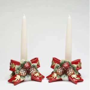  Evergreen Pine Cones with Large Red Ribbon Holiday Taper 