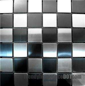   Brushed stainless steel black and silver mosaic tile backsplash  