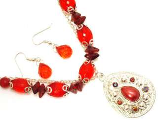 Faux Crystal Red Silver Necklace Earring Jewelry Set  