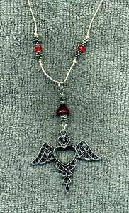 Goth Red Stone HEART WINGS New Hemp Cord Necklace  