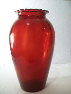 Ruby Red Vintage Vase Scalloped Top 9 Inch Tall  