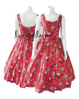 New womens Vintage Rockabilly 50s Bright RED floral pattern pinup 