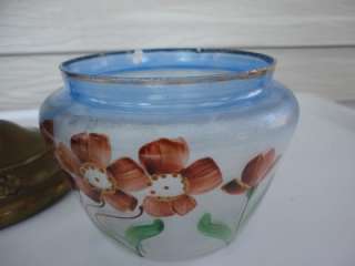   Nouveau Hand Painted Floral Glass Dresser Jar w Brass metal Lid Nice