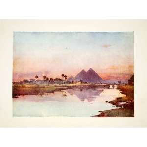 Color Print Giza Pyramids Egypt Nile River Camel Desert Art Palm Tree 