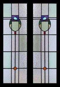 STUNNING PAIR MACKINTOSH ROSE STAINED GLASS SIDELIGHTS  
