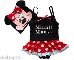 NEW Girls Minnie Mouse Skirt Swimsuits w/Cap Size 3T 7T  