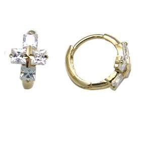  CZ Opulence Cross 14K Yellow Gold Huggie Earrings Jewelry