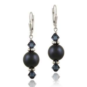  Blue Swarovski Pearl & Crystal Dangle Leverback Earrings Jewelry