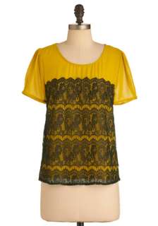 Lace Your Bets Top   Mid length, Black, Lace, Short Sleeves, Yellow