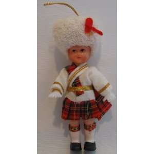   Plastic Scotish Doll in Plaid Kilt & Head Dress Ornament 5 Inches Tall