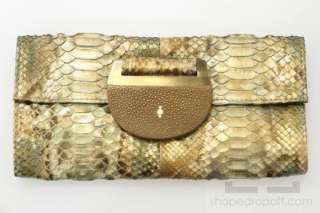   Augousti Tan & Teal Snakeskin Stingray Trim Flap Clutch Handbag  