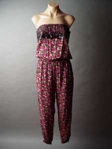 SEQUINED Lace Ruffle Floral Print Blouson Jumpsuit S  