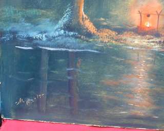 Vintage Al Mohler Painting camp fire / canoe signed Art  