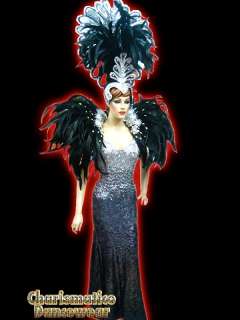 BLACK ELEGANT PAGEANT Feather Headdress SEQUIN GOWN  