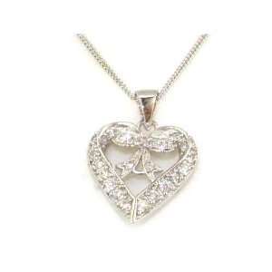  Ladies Solid 925 Sterling Silver Stone Set Heart Pendant with Bow 